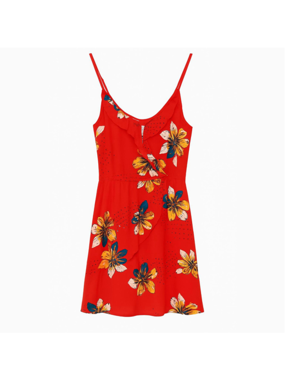 Entro Floral Wrap Ruffle Mini Dress Red Multicolor Spaghetti Strap NWT Small